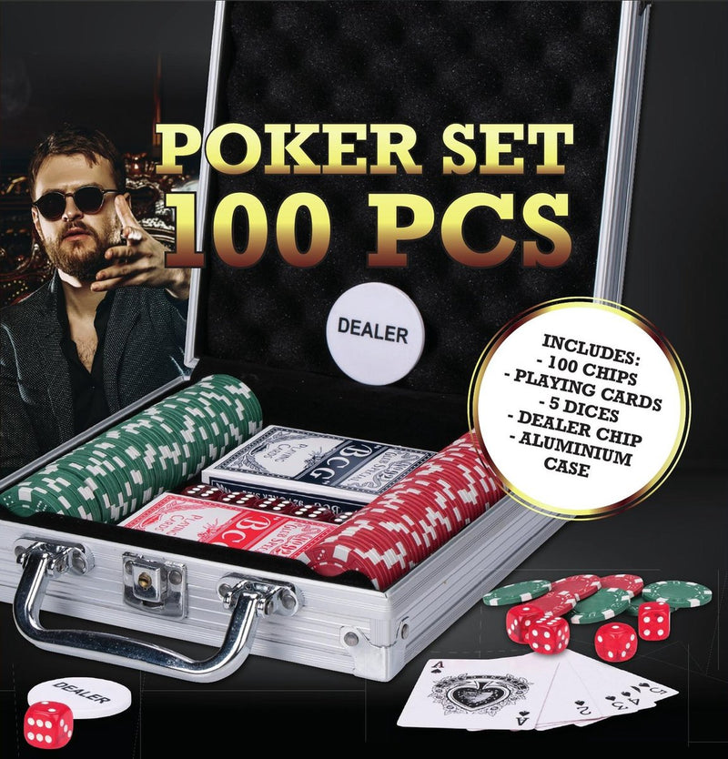 Pokersæt i aluminiumsæske - 100 chips/ spillekort/ 5 terninger/ dealerchip