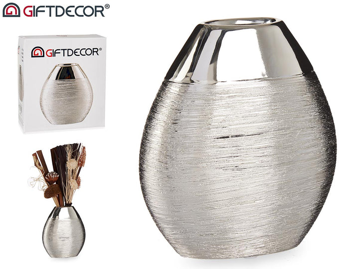Giftdecor - 19,5x17,5 cm Keremisk Champagne sølv vase