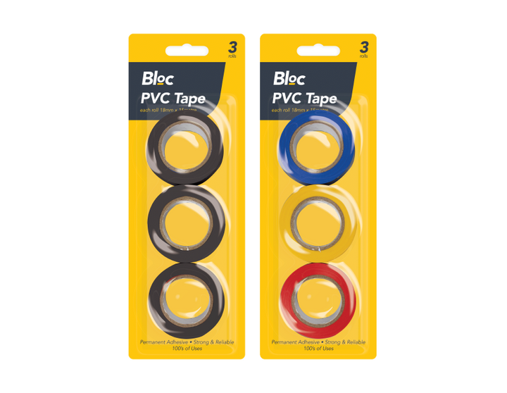 Bloc - PVC tape i 3 ruller x 15M. Bemærk at du får et tilfældigt afvariant tilsendt ved køb af dette produkt.
