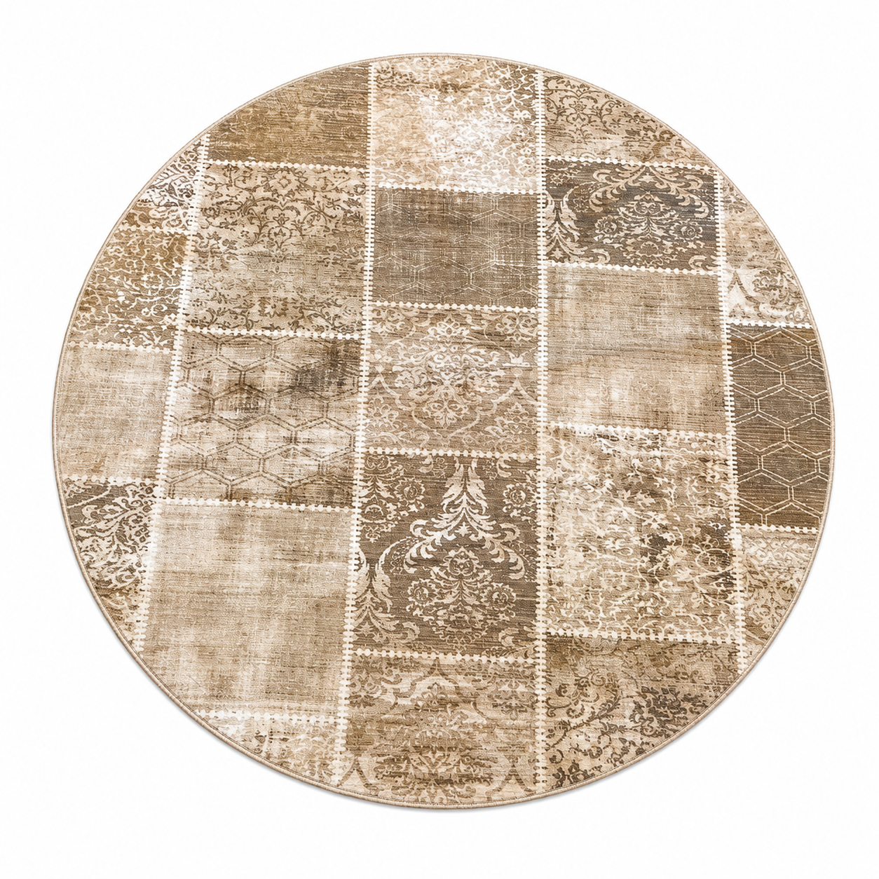 Vintage Patchwork Ø180cm – Rundt Klassisk Tæppe i Beige & Taupe
