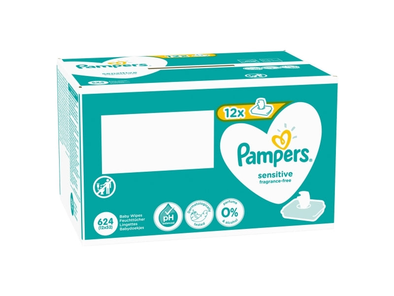 Pampers Sensitive kasse med 12x52, Vådservietter til baby, Dermatologisk