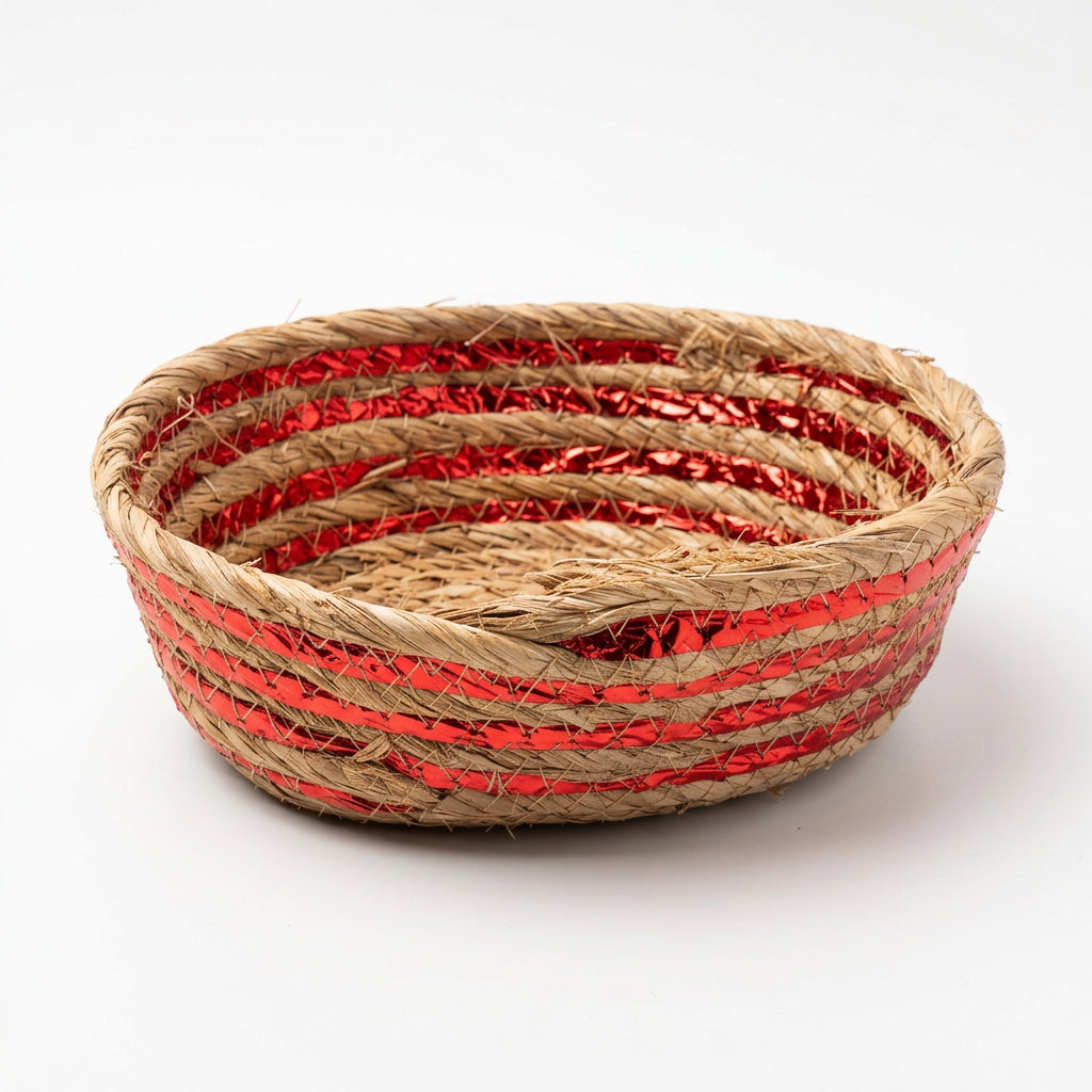 Dekorativ Flettet Kurv – 24×18 cm – Natur & Rød