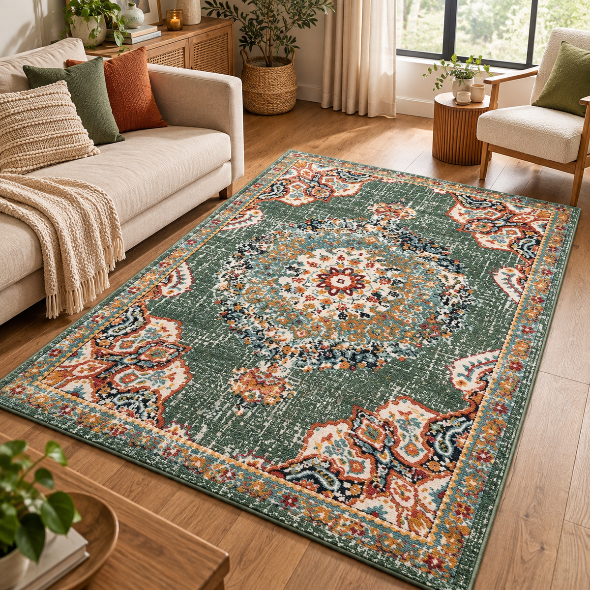 Vintage Garden Tæppe - 155×215 cm Grøn & Creme med Rustfarvede Detaljer