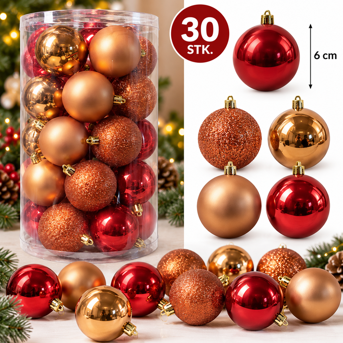 Julekugler – 30 stk. Ø6 cm – Rød, Guld & Kobber