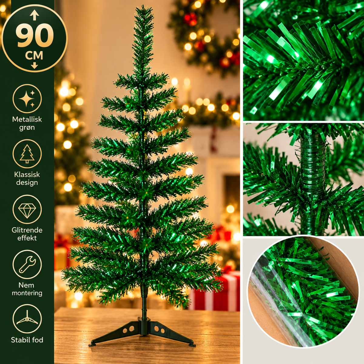 Kunstigt Juletræ – 90 cm – Metallisk Grøn