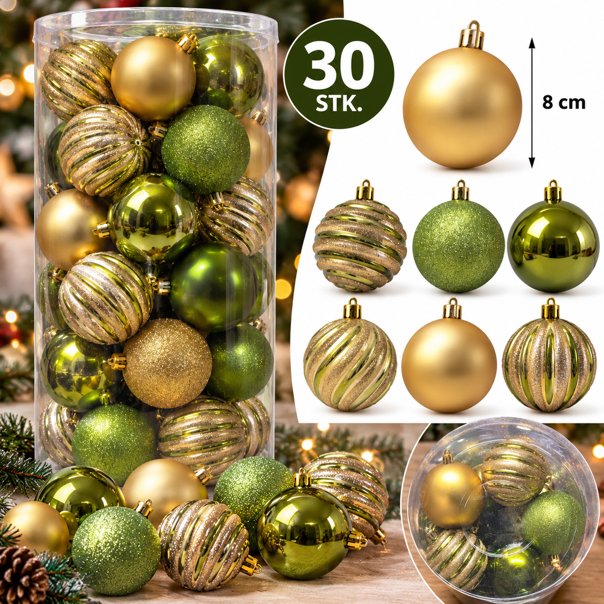 Julekugler – 30 stk. Ø8 cm – Grøn & Guld