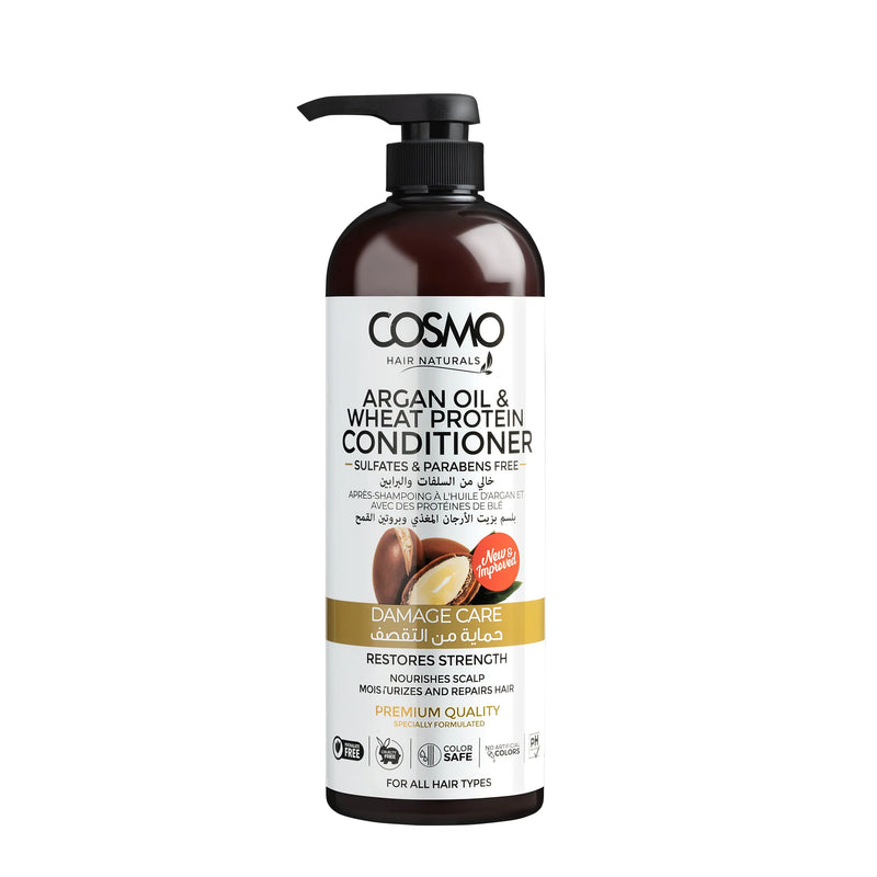 Cosmo 1000ml Pumpe Balsam Argan Olie & Wheat Protein – Sulfat- og parabenfri, farvebevarende, pH-balanceret.