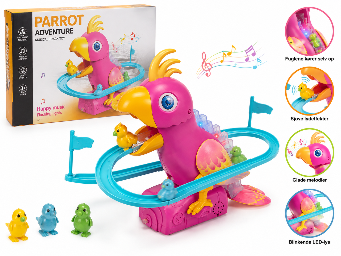 Parrot Adventure – Interaktiv papegøje med fuglebane, musik, lyd & LED-lys