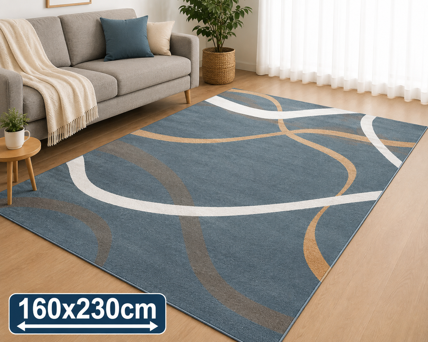 Modern Waves Blue Tæppe 160x230 cm med Skridsikker Bund