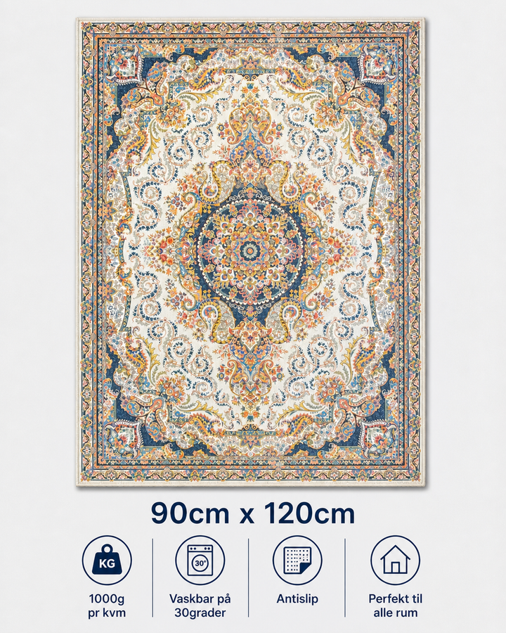 Stilrent tæppe 90x120 cm i flere farver med orientalske detaljer og små blomster