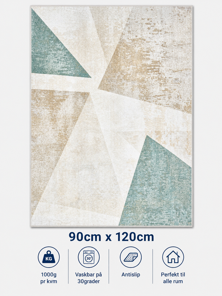 Stilrent tæppe 90x120 cm i beige med trekantet mønster i matte farver