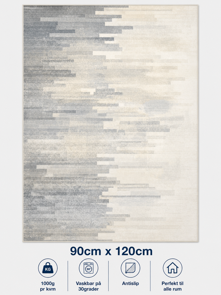 Stilrent tæppe 90x120 cm i hvid, grå til blå dele stribet