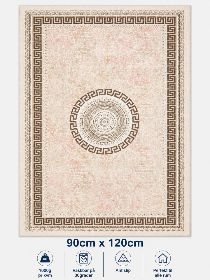 Stilrent tæppe 90x120 cm i beige med brune detaljer og let pink skær