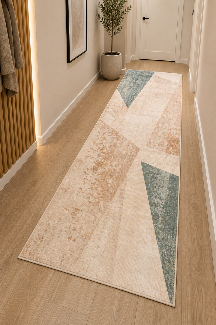 Tæppe / Gangløber 90x300 cm beige med trekantet mønster i matte farver