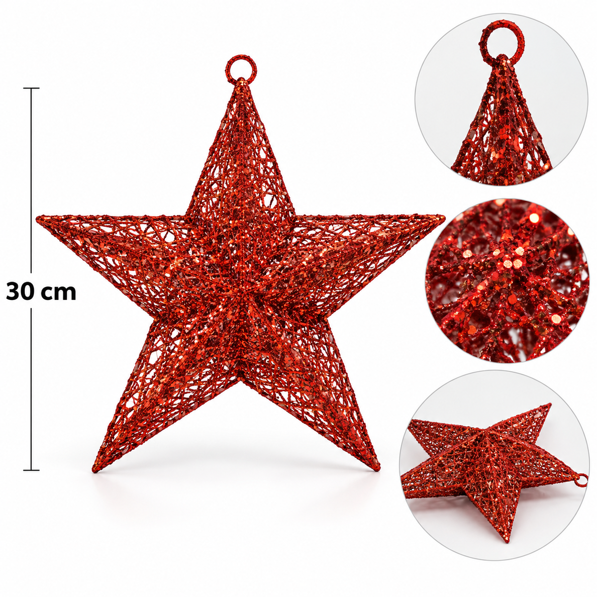 Stor Rød 3D Julestjerne med Glimmer til Ophæng – 30 cm