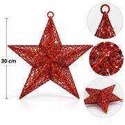 Stor Rød 3D Julestjerne med Glimmer til Ophæng – 30 cm