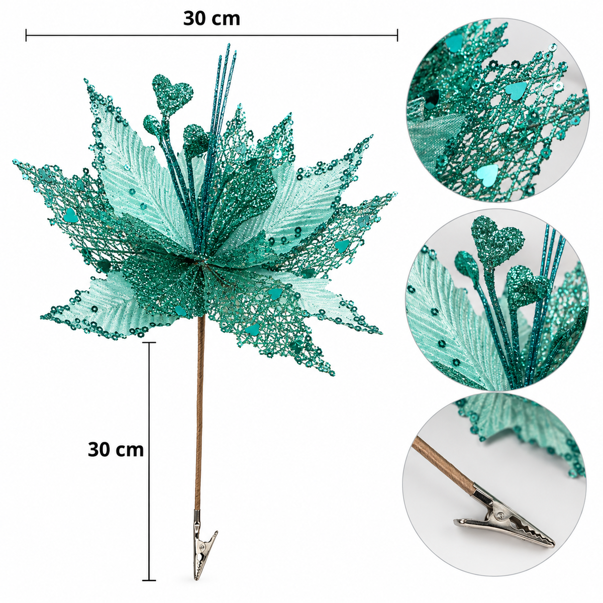 Turkis Juleblomst med Glimmer og Clips – +30 × 30 cm
