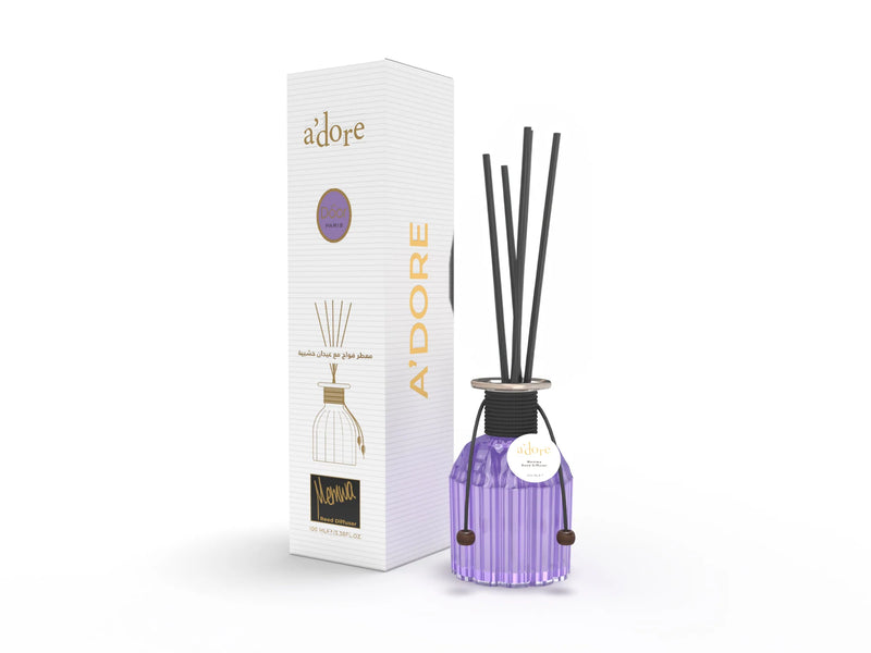 Aromadiffuser 100ml (A'dore) med pinde i stilfuldt glas