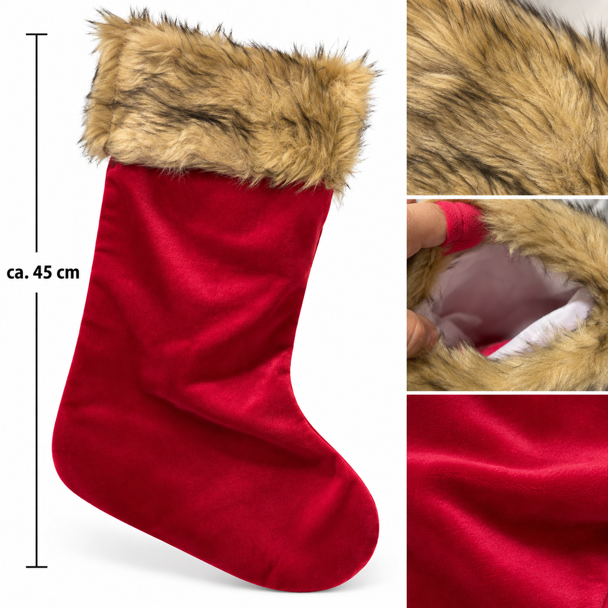 Stor Rød Julesok med, velour m.Blød Pelskant – 45 cm