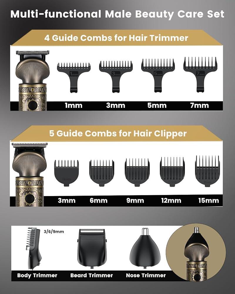 6-i-1 Professionel Hår- & Skægtrimmer – Vintage Bronze Edition (180 min Driftstid)