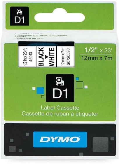 Dymo teksttape D1 45013 12mm Sort/Hvid ⎮ 5411313450133 ⎮ OS_000027 