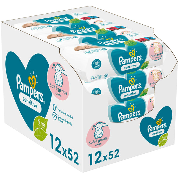 Pampers Sensitive kasse med 12x52, Vådservietter til baby, Dermatologisk