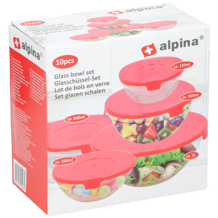 Alpina - Madskåle med røde låg sæt 5 skål glas