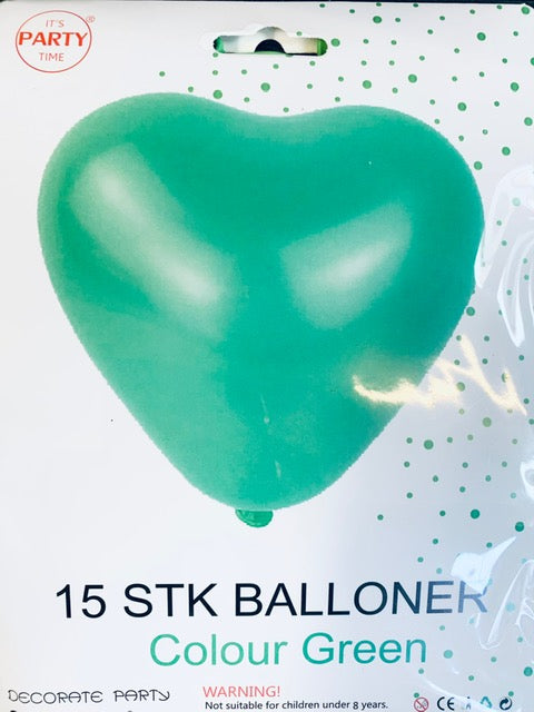 Its Party Time - Hjerte balloner 15stk Grøn 30cm - Dollarstore.dk