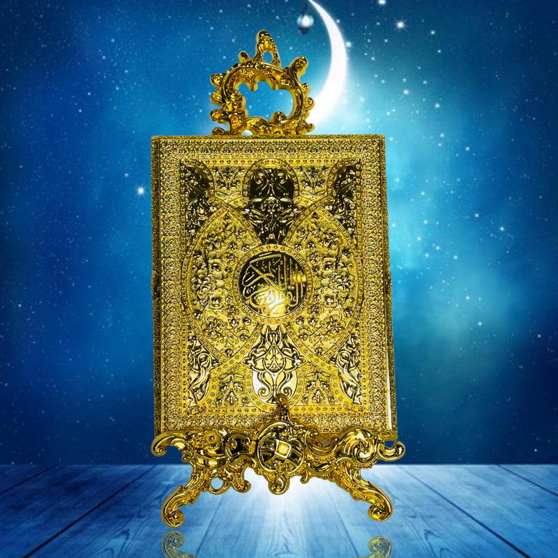Quran-æske i metal med stand (Stor) Guld med tætte detaljer