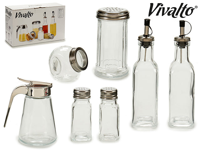 Vivalto - Serveringssæt i glas 7 dele. 2 oliedosering 200ml, 2 saltdosering 79ml, 1 drysglas 300ml, 1 honingglas 280ml, 1 glasbeholder 185ml