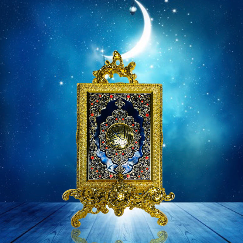 Quran-æske i metal med stand (mellem størrelse) Guld & blå