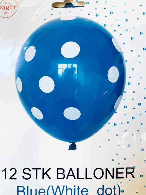 Its Party Time - Prikke balloner 12stk blå med hvid 30cm - Dollarstore.dk