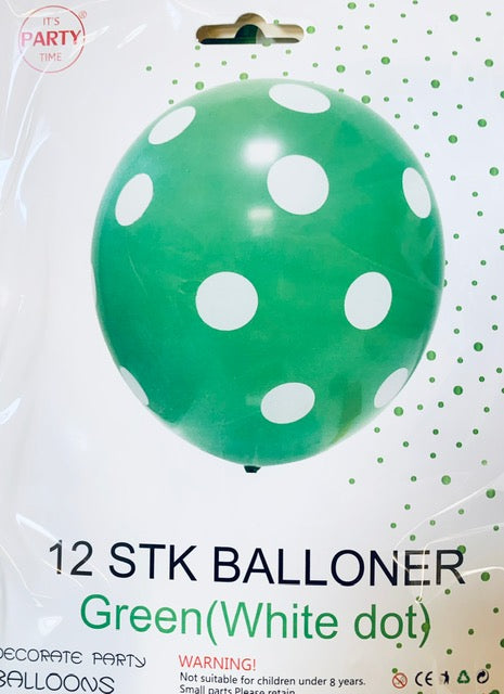 Its Party Time - Prikke balloner 12stk Grøn med hvid 30cm - Dollarstore.dk