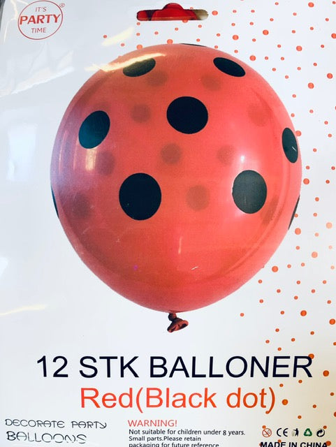 Its Party Time - Prikke balloner 12stk Rød med sort 30cm - Dollarstore.dk