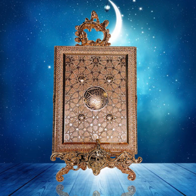 Quran-æske i metal med stand (Stor) Rosenguld med detaljer
