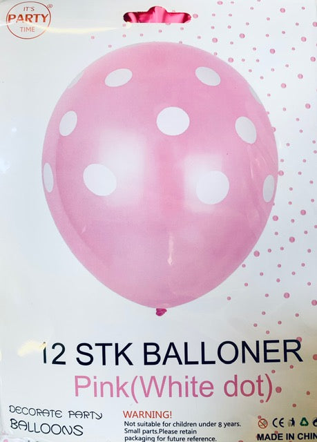 Its Party Time - Prikke balloner 12stk lyserød med hvid 30cm - Dollarstore.dk