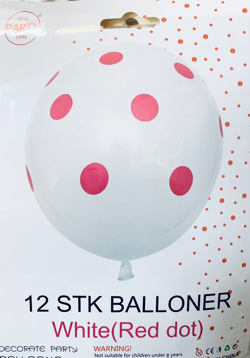 Its Party Time - Prikke balloner 12stk hvid med rød 30cm - Dollarstore.dk