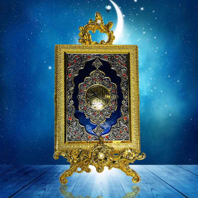 Quran-æske i metal med stand (Stor) Guld & blå
