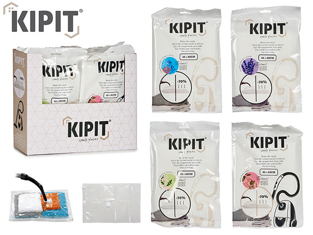 KIPIT - Vacumposer med duft 40x60cm. Opbevaringsposen tager op til 70% mindre plads på hylden når du har suger luften ud, så kan den lukkes med skruelåg. VIGTIGT INFO. pga lagerstyring kan vi kun sende en tilfældig duft når du køber denne vare
