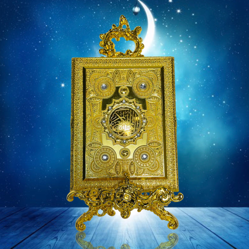 Quran-æske i metal med stand (Stor) Guld med hvide perler