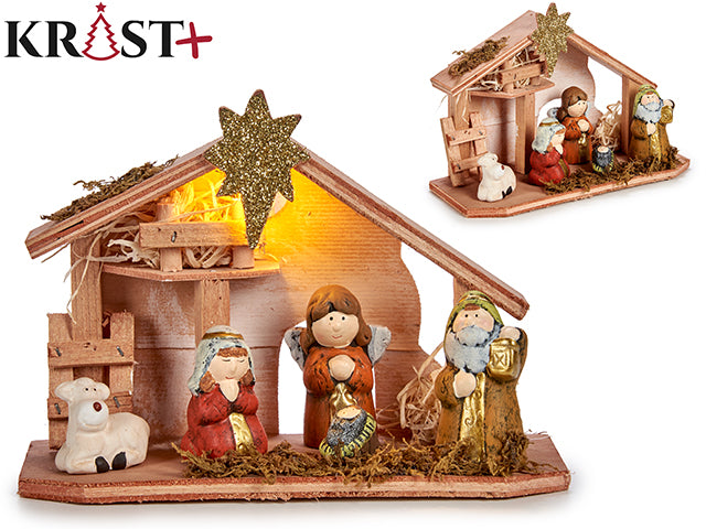 Krist - Jomfru Maria's gård tema med LED lys         22,5 x 8 x 17 cm.