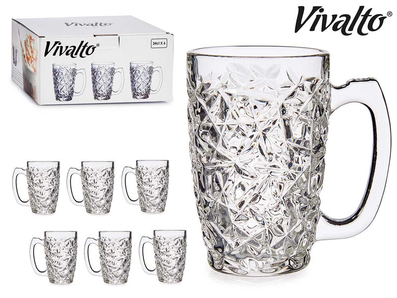 Vivalto - 6stk Glas-sæt med håndtag & krystalmotiver 34cl 