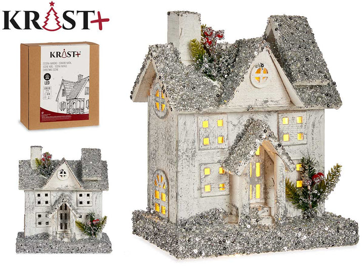 Krist Jule-Scene - Klassisk Kirkehus m. Sølv Glimmer & Lys 31cm