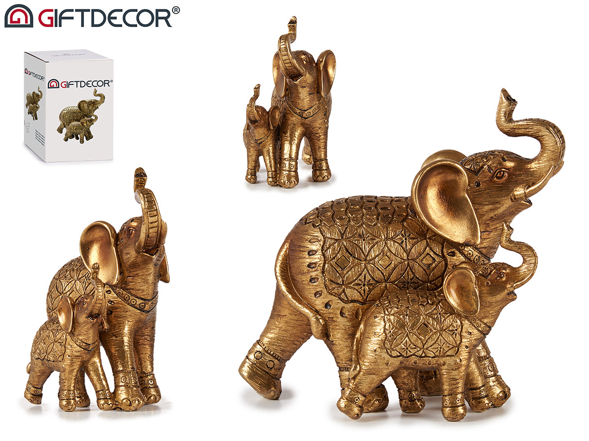Giftdecor - Mellem Elefantfamilie i harpiks, guld med flotte motiver 21,5x20,5x11cm