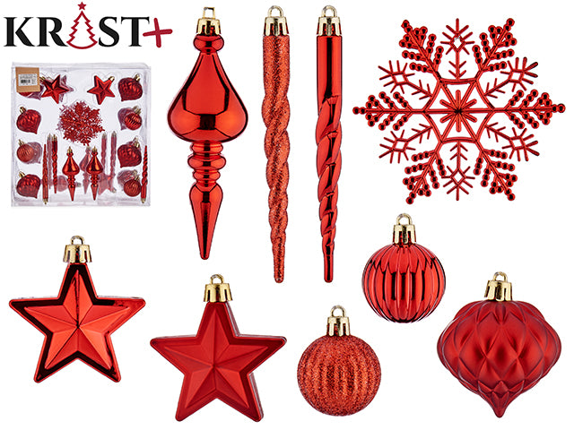 Krist - Sæt med 32 juletræ-dekorationer rød i PVC