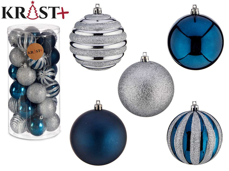 Krist - Sæt julekugler blandning 30 stk a 6 cm Sølv til blå