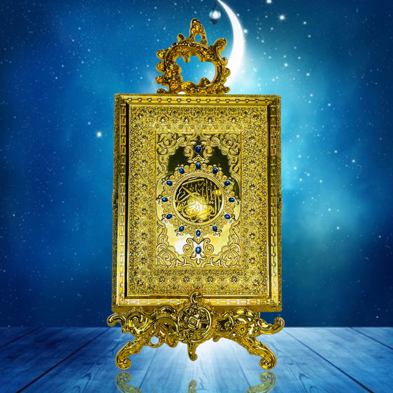 Quran-æske i metal med stand (Stor) Guld med blå perler