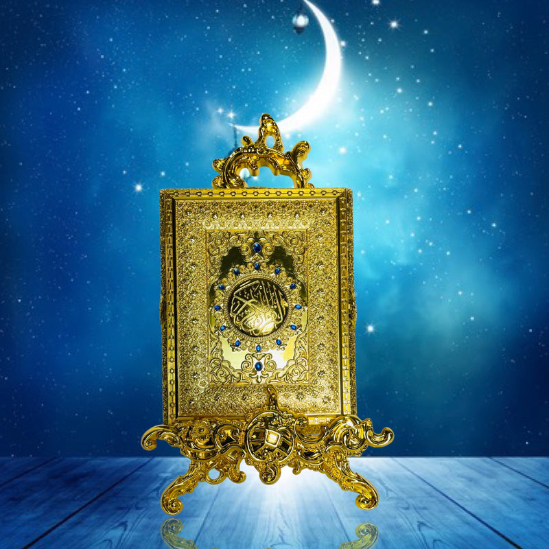 Quran-æske i metal med stand (mellem størrelse) Guld med blå perler