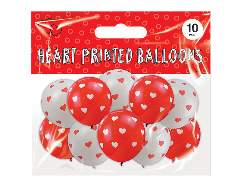 Balloner med hjerteprint hvid & rød 10stk