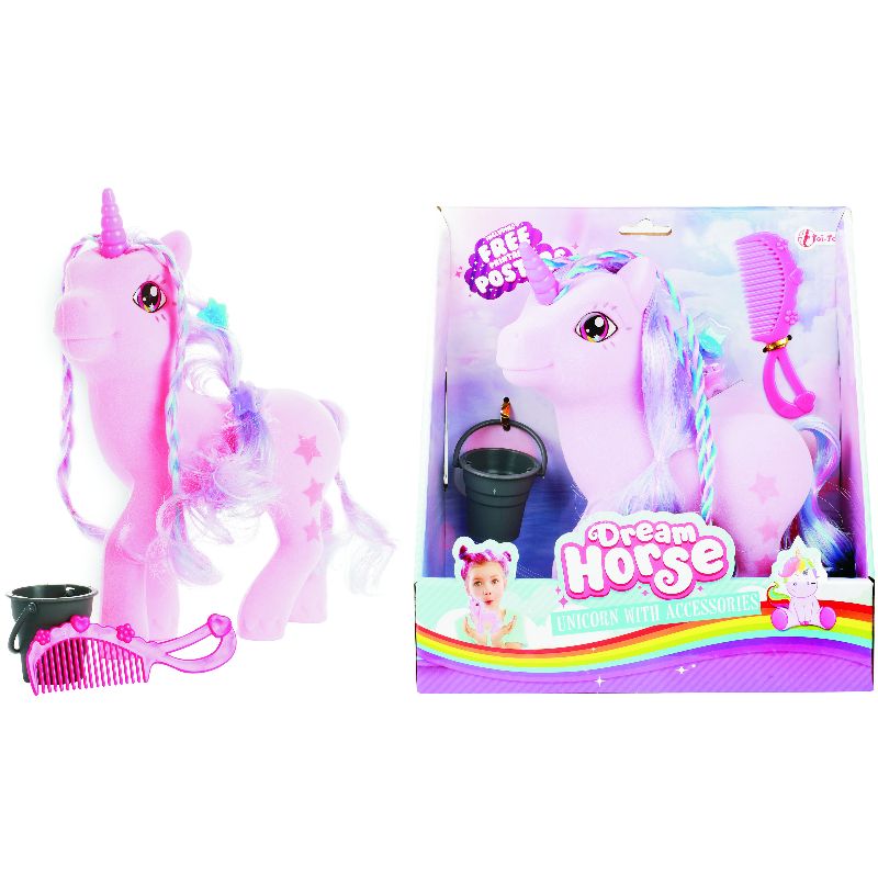 Toitoys - Drømmehest unicorn pink hest med hårkam, klemmer og mini spand. ca. 18cm